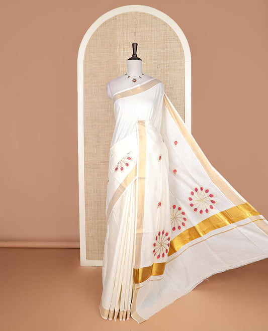 Cream feather motifs, Kerala cotton saree, bavanji border, and pallu of feather motifs