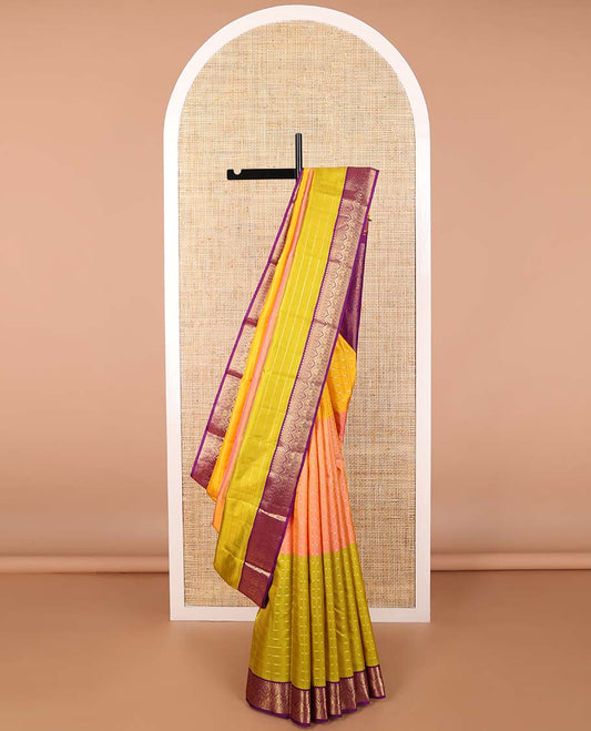 Multi-color striped kancheepuram silk saree with contrast korvai border of thilakam mokku, kathir, paun, manga designs & zari design pallu