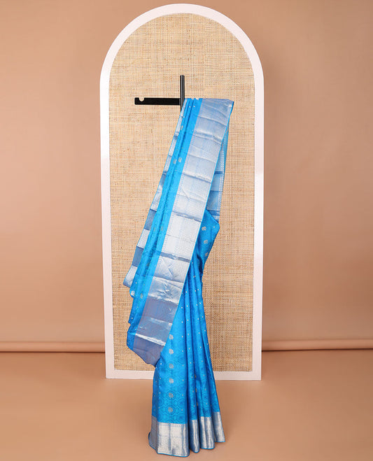 Light blue elephant, floral design kancheepuram silk saree with self intricate zari design border & floral design pallu
