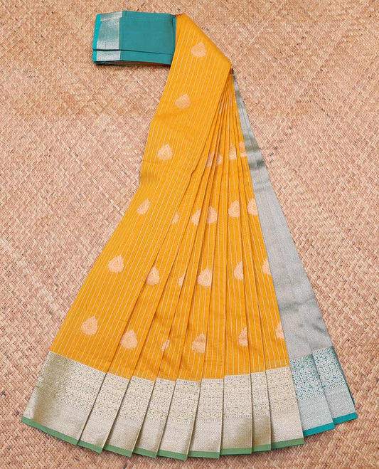 Mustard checked, leaf design kora cotton saree with contrast zari design border & jaal design pallu