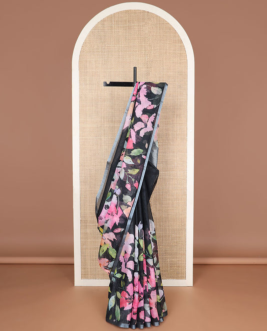 Black floral design kota cotton saree with self zzari border & striped pallu