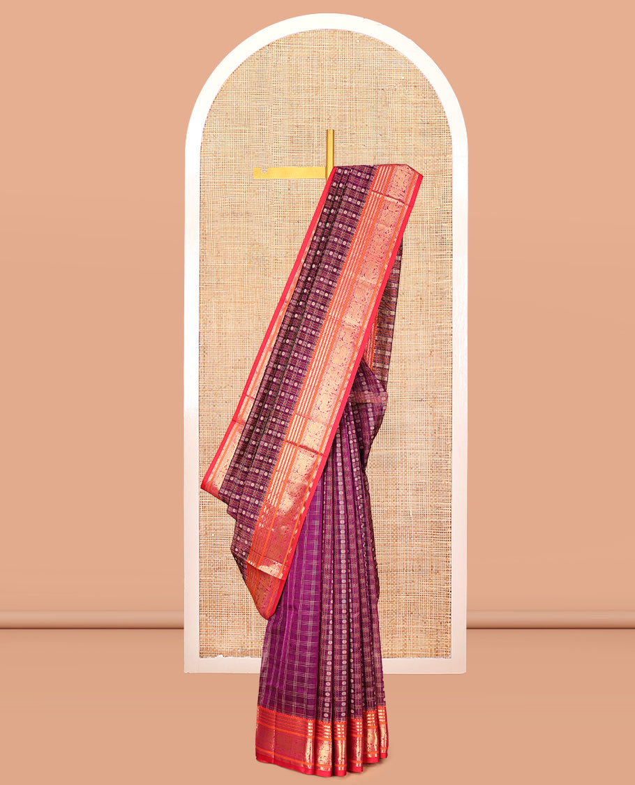 Purple Kuppadam Silk Saree, Adorned with Butta Enclosed Checks, a Contrast Traditional Peacock-Yaali Border, Pallu of Traditional Designs, and a Matching Blouse