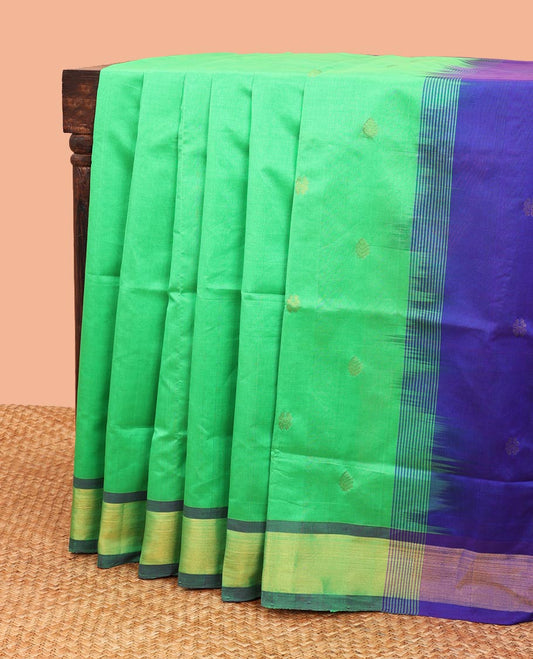 Green kupadam cotton saree with flower buttas, contrast plain border & pallu of stripes