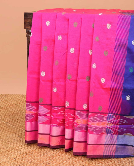 Pink kuppadam cotton saree with unique buttas, plain border & contrast pallu of unique designs