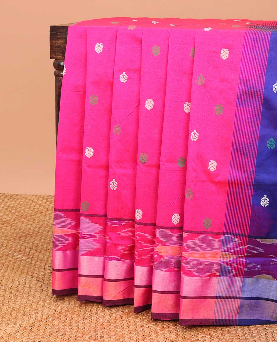 Pink kuppadam cotton saree with unique buttas, plain border & contrast pallu of unique designs