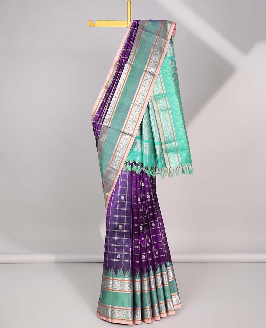 Purple floral motifs enclosed with checked kuppadam cotton saree with contrast zari border & pallu of argyle pattern