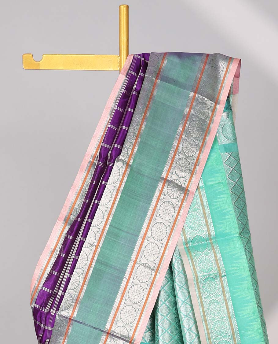 Purple floral motifs enclosed with checked kuppadam cotton saree with contrast zari border & pallu of argyle pattern