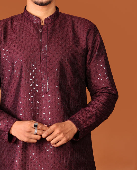 Maroon Sequins and Thread Embroidered Full-Sleeved Men's Kurta Set