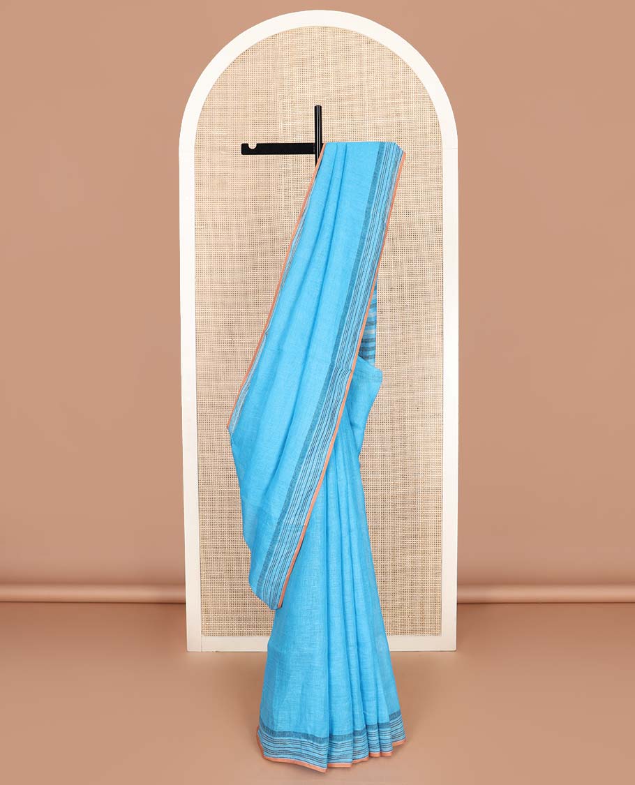 Blue plain linen cotton saree, self-striped border, and striped pallu