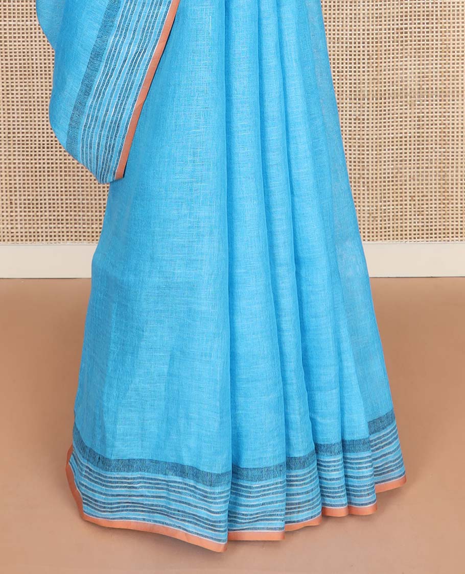 Blue plain linen cotton saree, self-striped border, and striped pallu