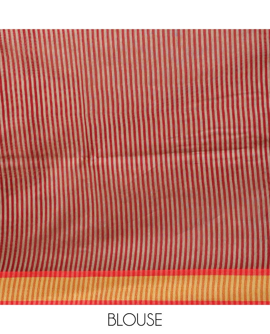 Red striped linen saree, contrast zari plain border & heathered plain pallu