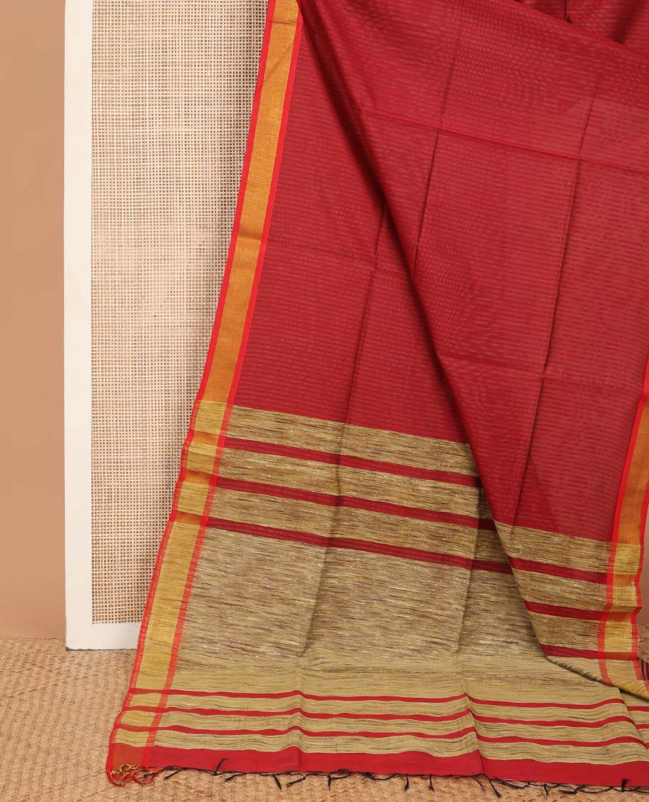 Red striped linen saree, contrast zari plain border & heathered plain pallu