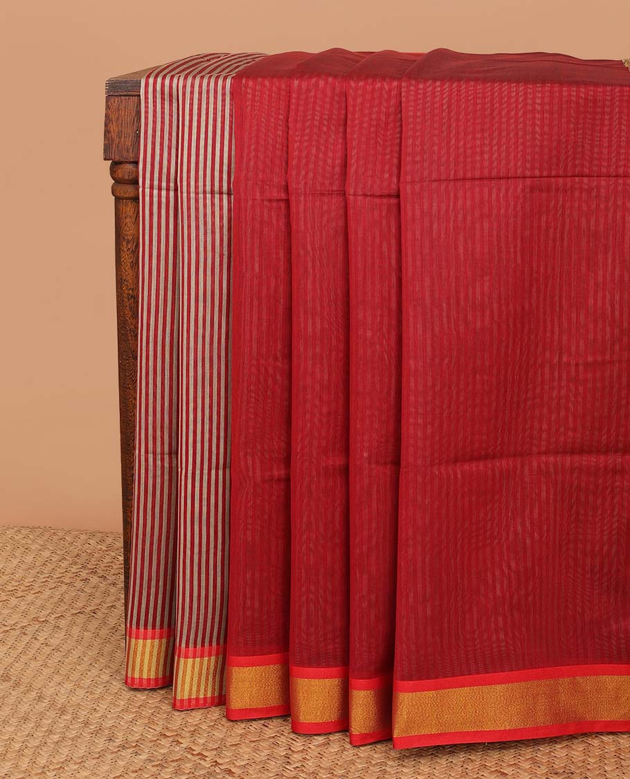 Red striped linen saree, contrast zari plain border & heathered plain pallu