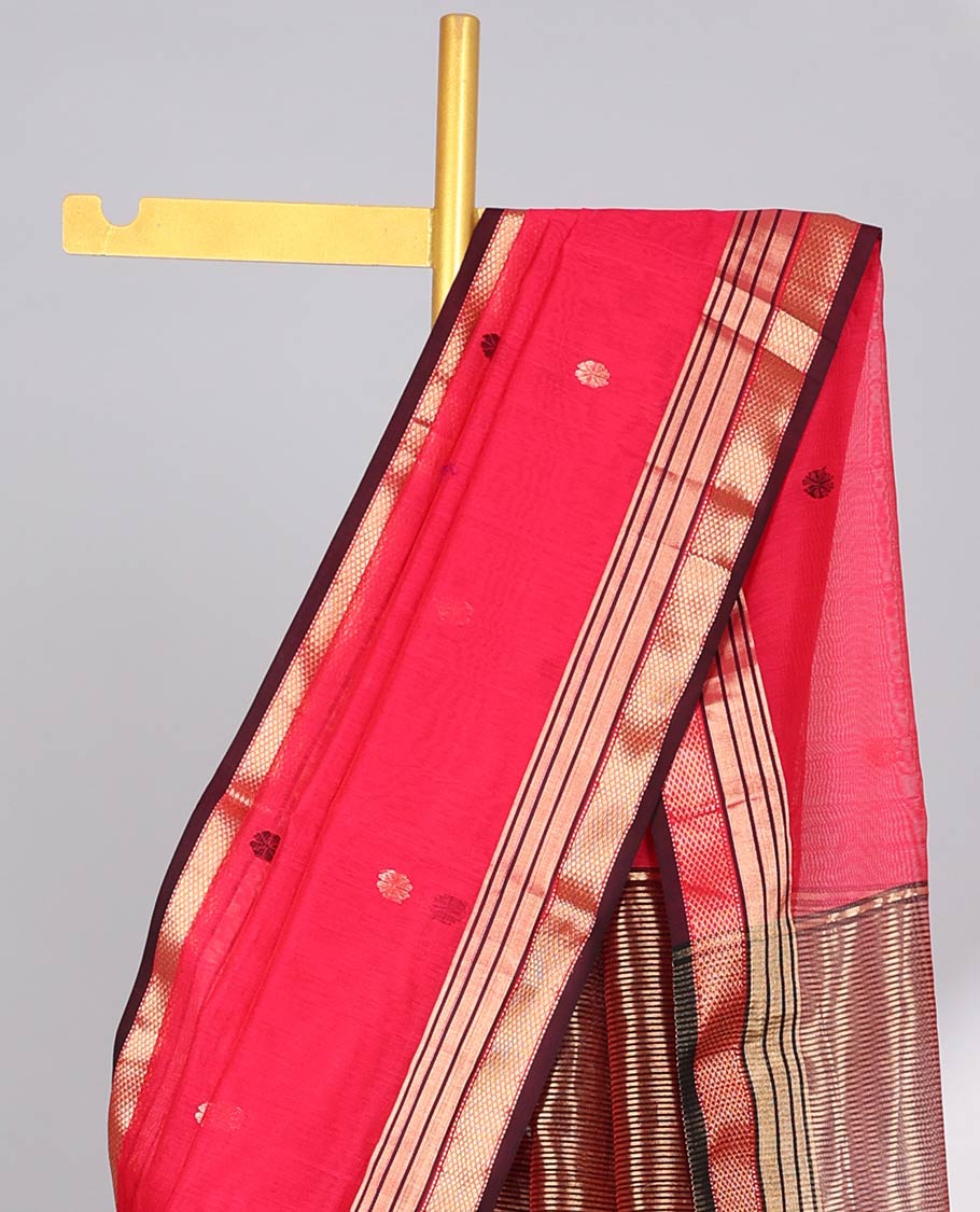 Red floral motifs maheshwari cotton saree with contrast zari design border & striped pallu