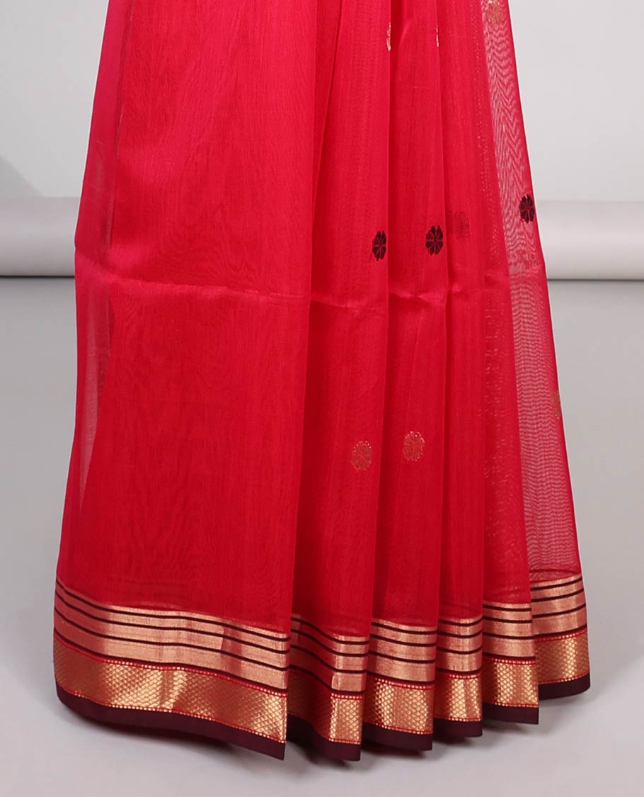 Red floral motifs maheshwari cotton saree with contrast zari design border & striped pallu