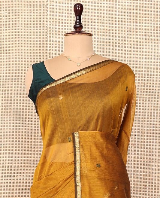 Yellow Maheshwari Cotton Saree, Bedecked with Star Buttas All Over Its Body, Complemented by a Zari Woven Piping Border of Star Motifs, Pallu Steeped with Star Designs, and Paired with a Contrast Blouse