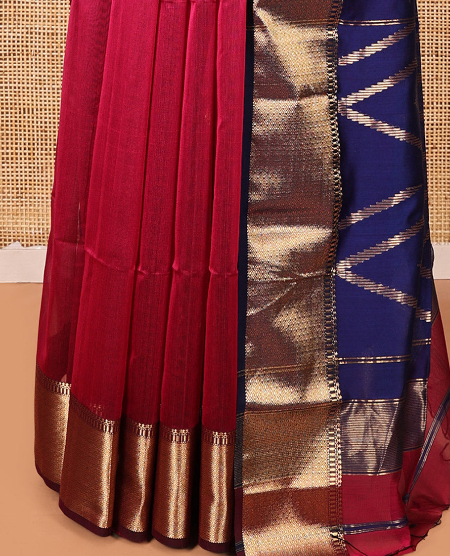 Red Maheshwari Cotton Saree, Subtly Woven with Thread Buttas, Complemented by a Contrast Traditional Zari Border, Chevron Striped Pallu, and a Contrast Blouse