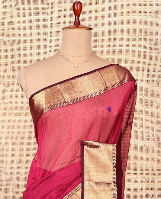 Red Maheshwari Cotton Saree, Subtly Woven with Thread Buttas, Complemented by a Contrast Traditional Zari Border, Chevron Striped Pallu, and a Contrast Blouse