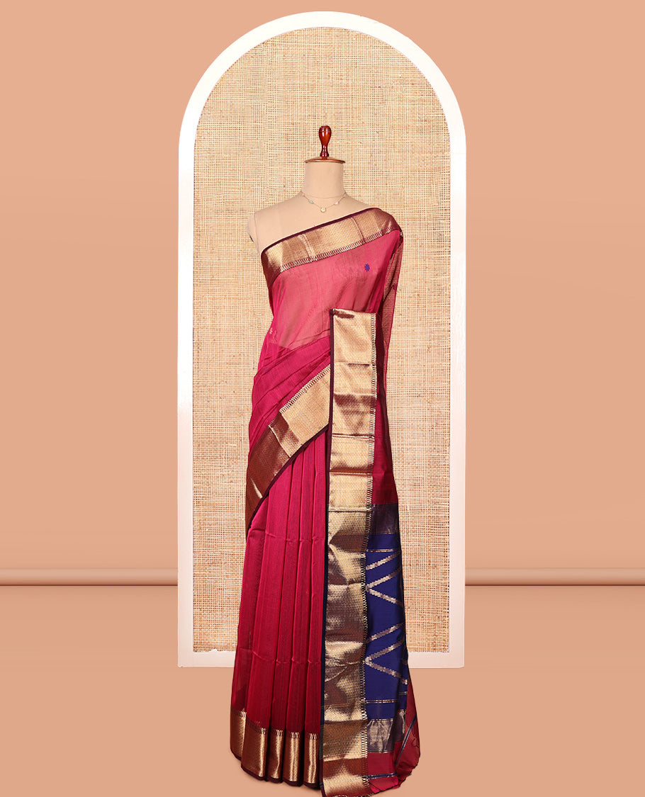 Red Maheshwari Cotton Saree, Subtly Woven with Thread Buttas, Complemented by a Contrast Traditional Zari Border, Chevron Striped Pallu, and a Contrast Blouse