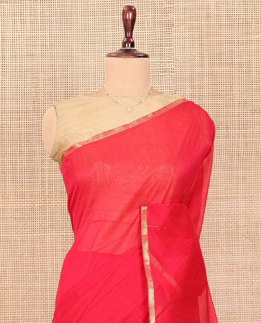Red Plain Maheshwari Cotton Saree, Subtle Zari Piping Border, Pallu Steeped with Stripes, and Paired with a Contrast Blouse