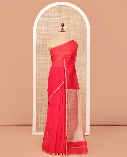 Red Plain Maheshwari Cotton Saree, Subtle Zari Piping Border, Pallu Steeped with Stripes, and Paired with a Contrast Blouse