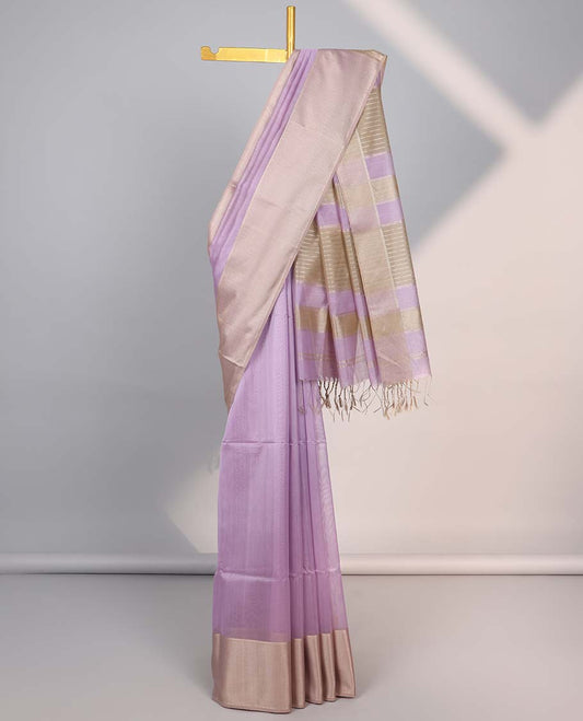 Lavender maheshwari cotton saree with contrast zari border & striped zari pallu