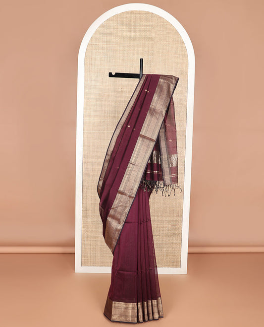 Maroon motifs maheshwari cotton saree with self zari design border & striped, geometric design pallu