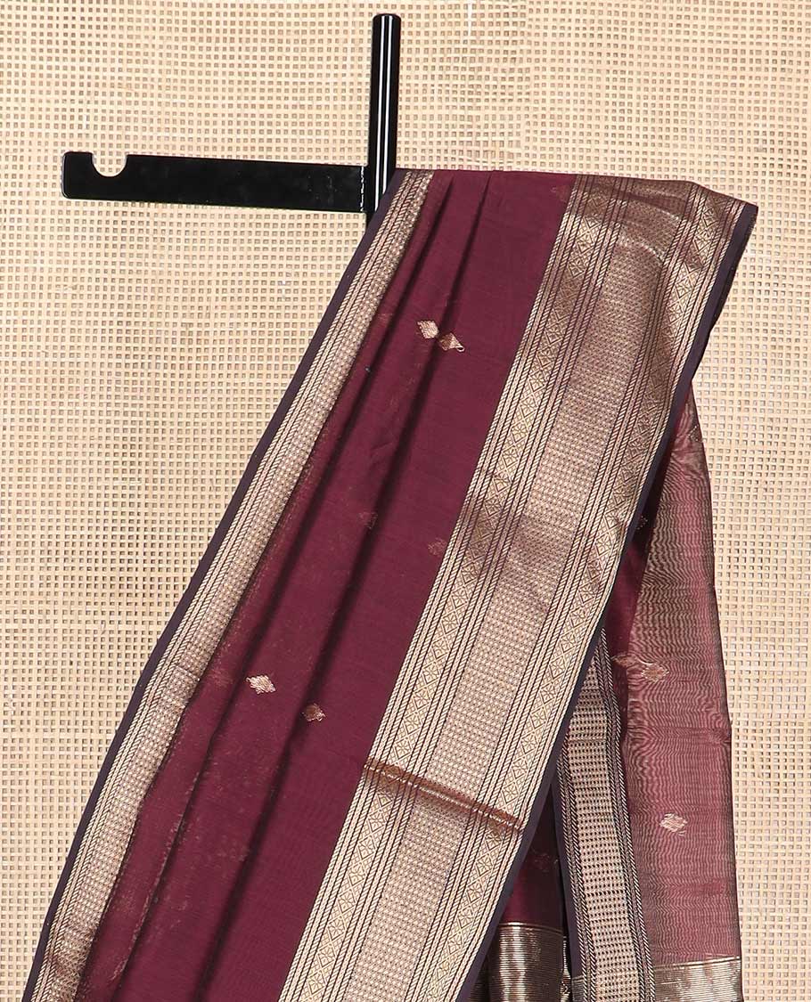 Maroon motifs maheshwari cotton saree with self zari design border & striped, geometric design pallu