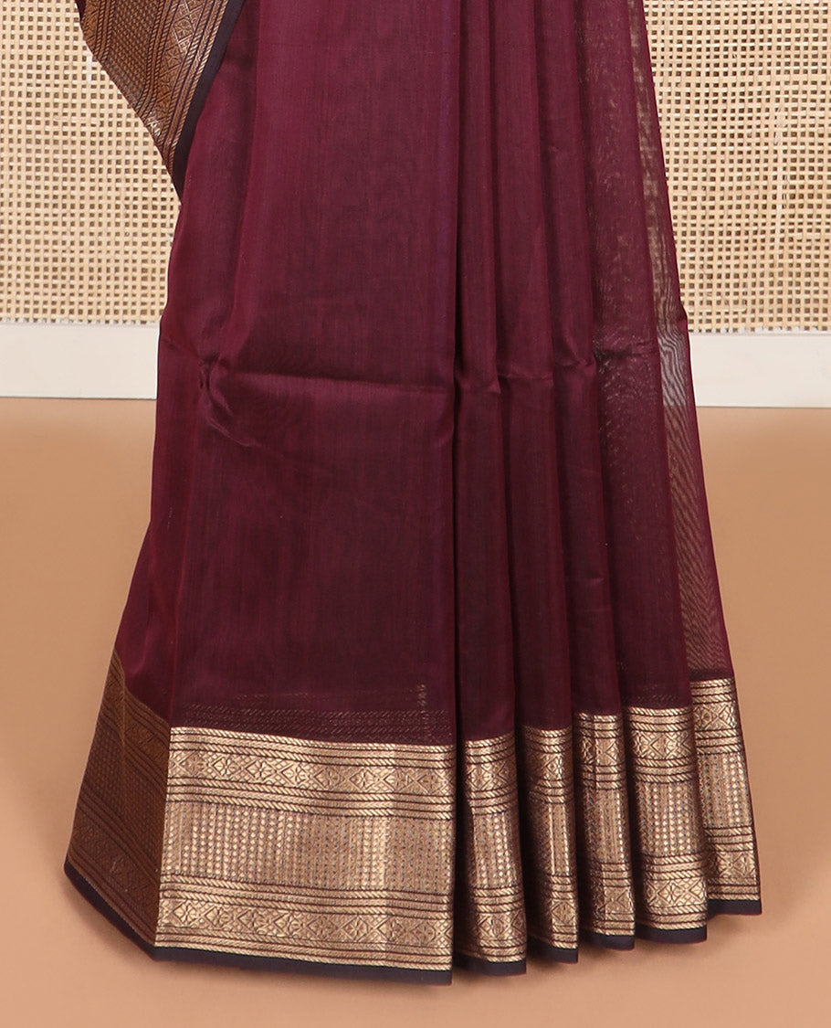Maroon motifs maheshwari cotton saree with self zari design border & striped, geometric design pallu