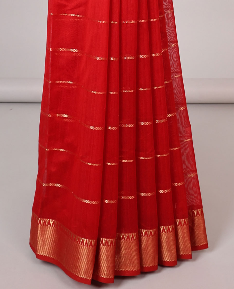 Red striped maheshwari cotton saree with contrast zari striped border & pallu of stripes