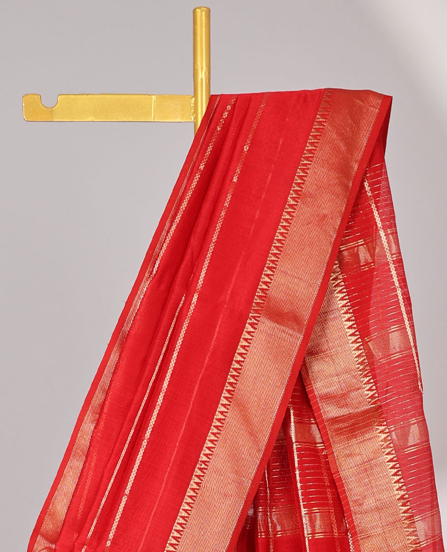 Red striped maheshwari cotton saree with contrast zari striped border & pallu of stripes