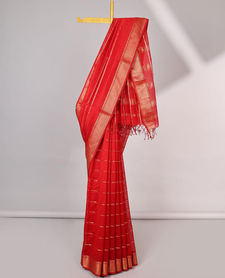 Red striped maheshwari cotton saree with contrast zari striped border & pallu of stripes