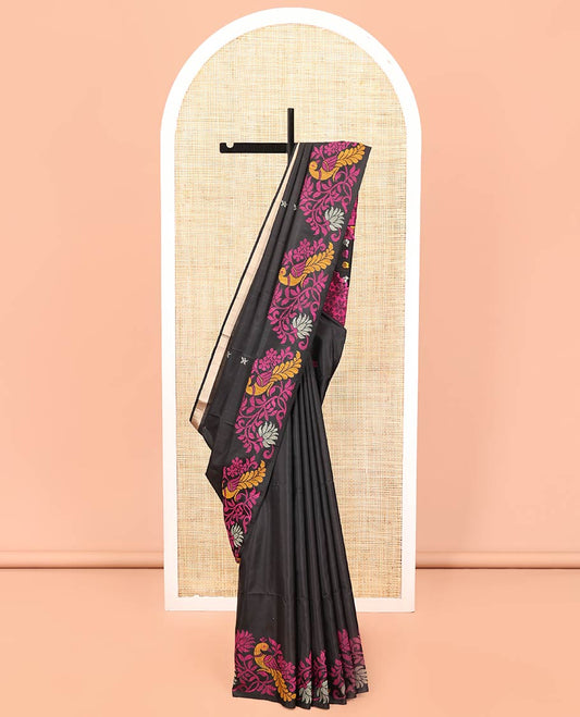 Borderless Black Mayuri Soft Silk Saree, Adorned with Thread Buttas and Mayil Designs All Over Its Body, Pallu Depicts Floral-Peacock Designs, and Paired with a Matching Blouse