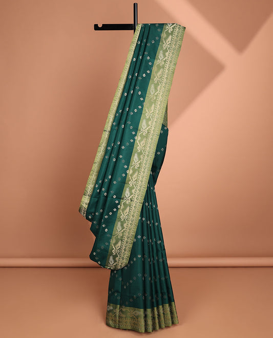 Green zari buttas soft silk saree, contrast border & pallu of patola-style intricate design weave