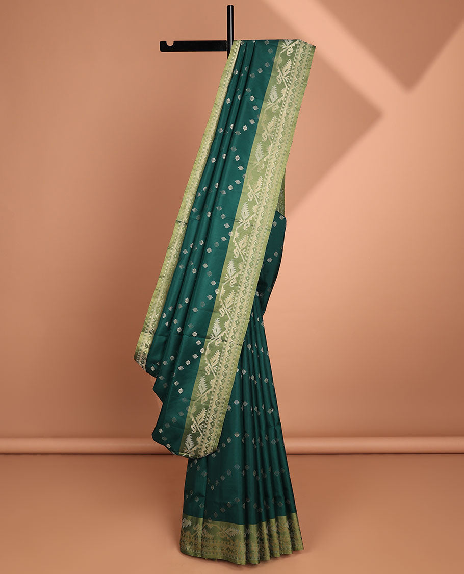 Green zari buttas soft silk saree, contrast border & pallu of patola-style intricate design weave