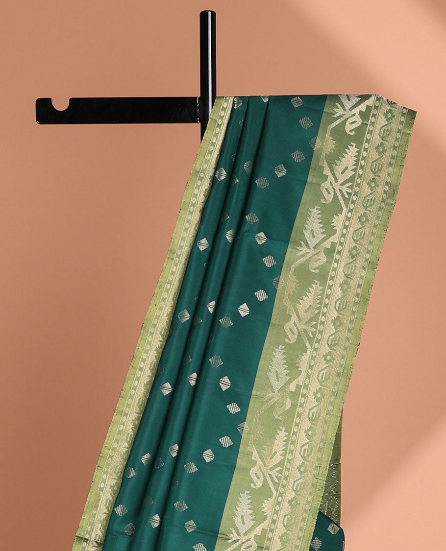 Green zari buttas soft silk saree, contrast border & pallu of patola-style intricate design weave