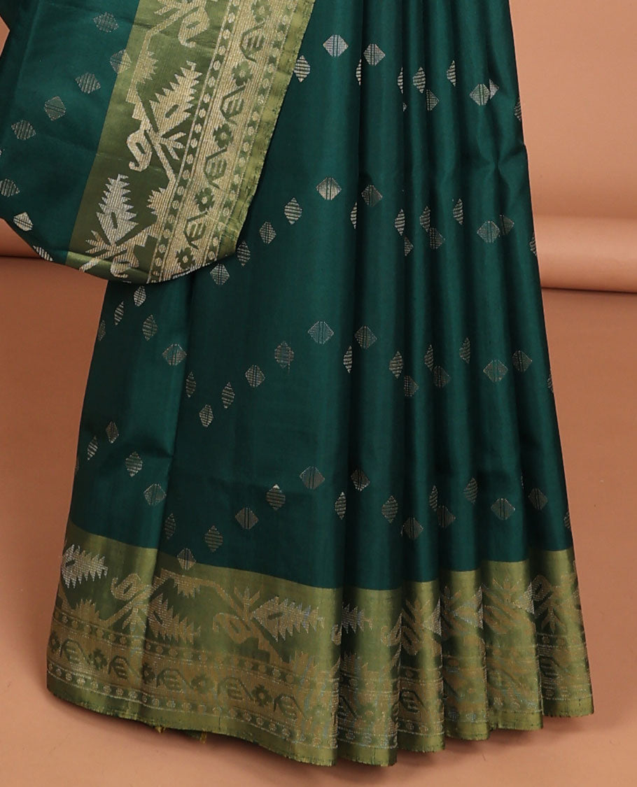 Green zari buttas soft silk saree, contrast border & pallu of patola-style intricate design weave