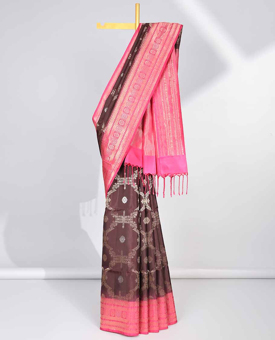 Brown ogee pattern soft silk saree with contrast geometric zari border & zari design pallu
