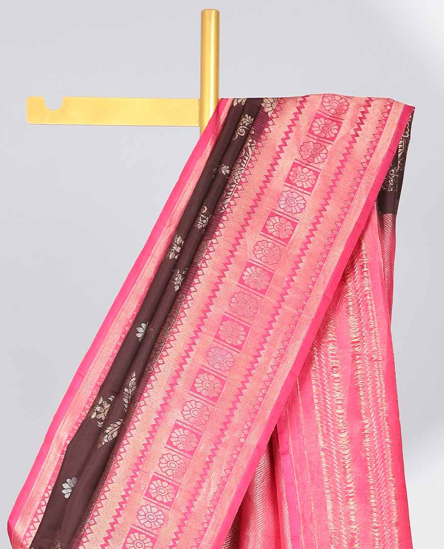Brown ogee pattern soft silk saree with contrast geometric zari border & zari design pallu