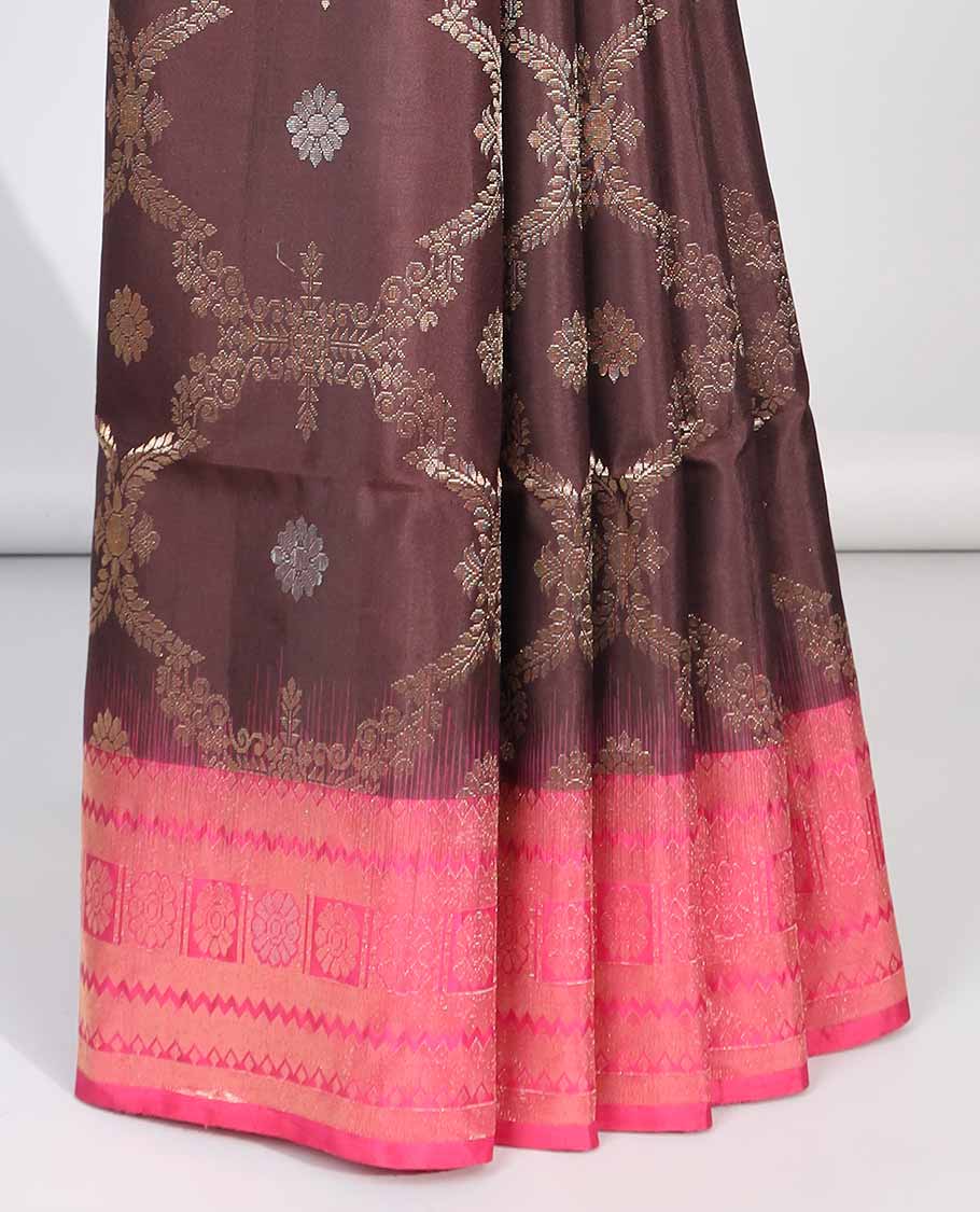 Brown ogee pattern soft silk saree with contrast geometric zari border & zari design pallu