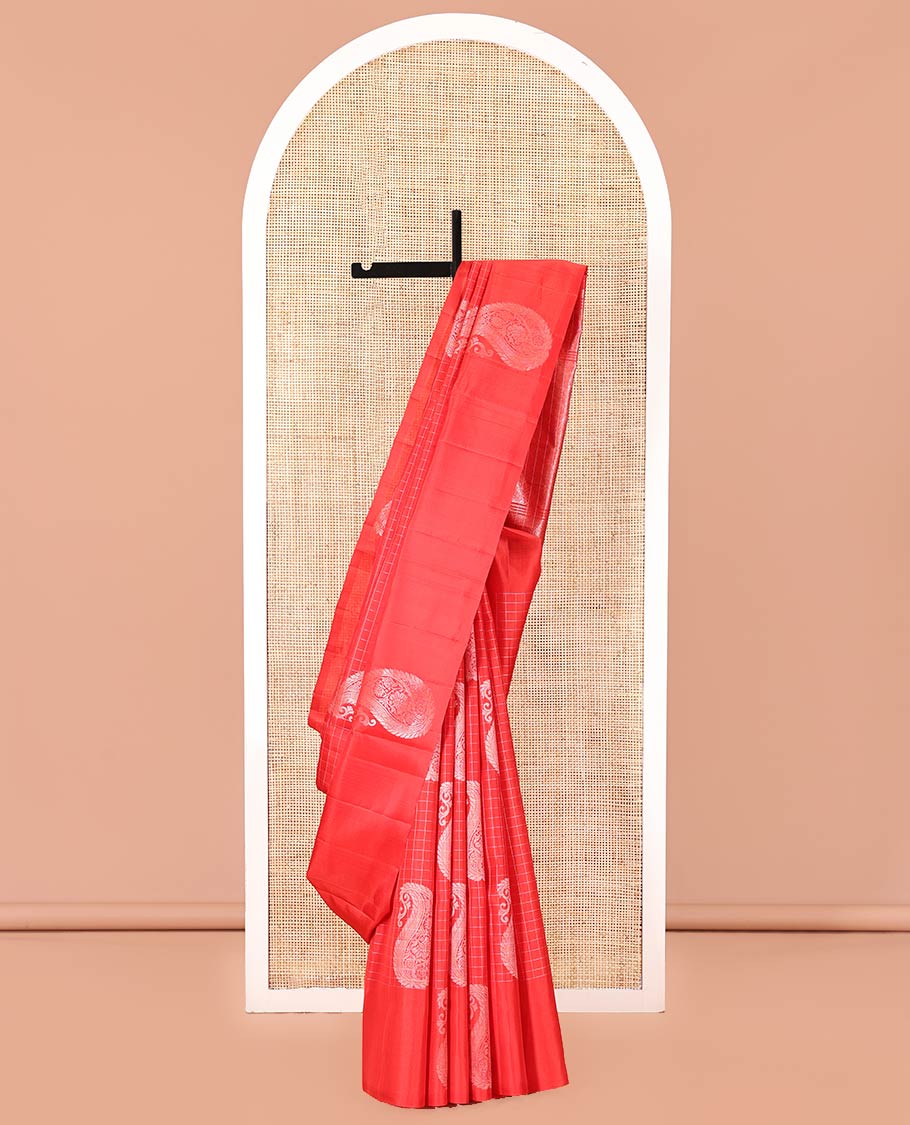 Red Mayuri Soft Silk Saree, Richly Detailed with Manga Buttas and Zari Checks On Its Body, Highlighted by Intricately Designed Pallu, and Paired with a Matching Blouse