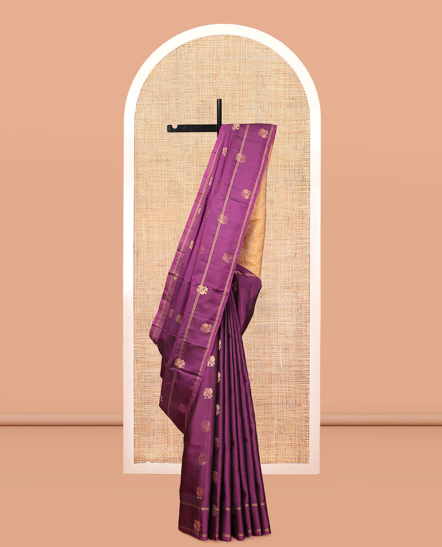 Purple Mayuri Lite Silk Mix Saree, Adorned with Mayil Buttas, a Self-Border of Mayil Designs, Contrast Floral Pallu, and a Contrast Blouse