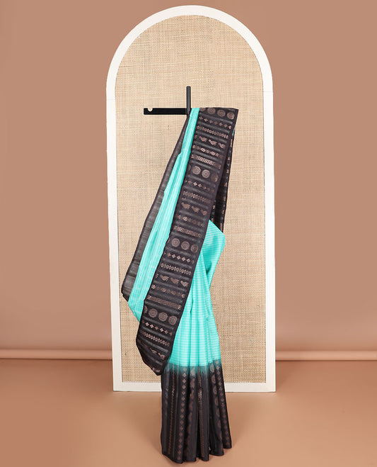 Sky blue striped mayuri soft silk saree with contrast intricate design border & geometric design pallu