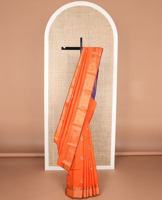 Orange butta mayuri soft silk saree with self temple border & parrot, floral design pallu