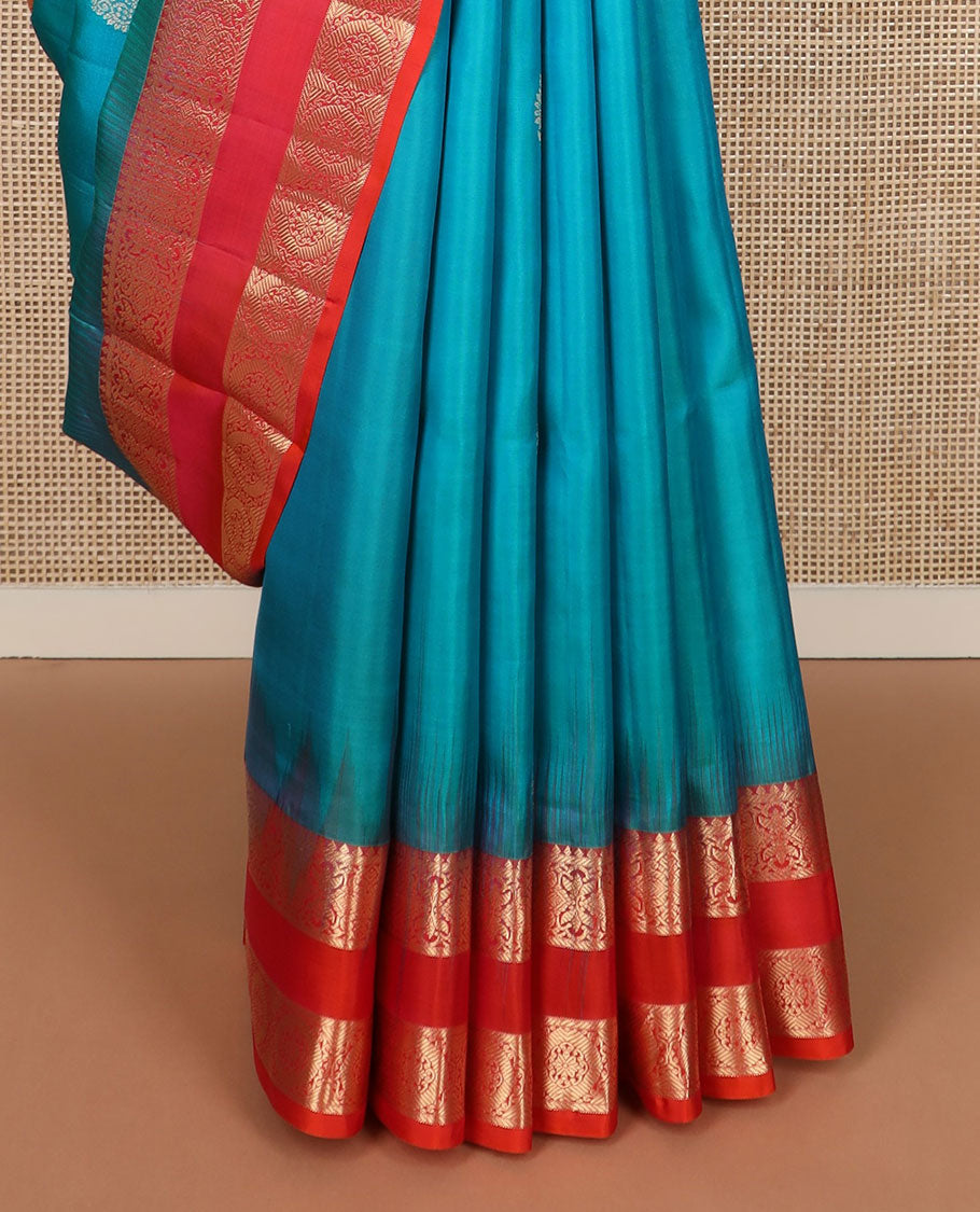 Blue zari buttas soft silk saree, contrast rettai pettu border of floral & chakram designs & jaal pallu