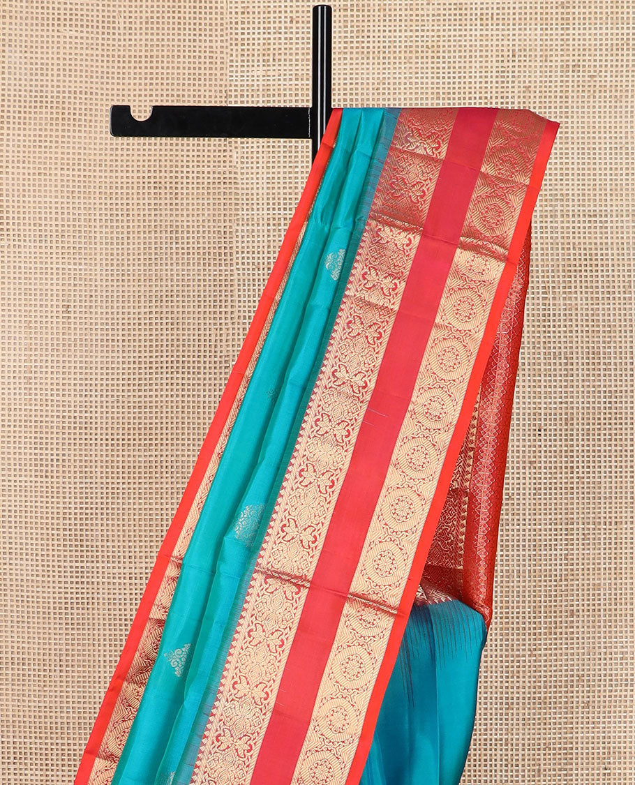 Blue zari buttas soft silk saree, contrast rettai pettu border of floral & chakram designs & jaal pallu