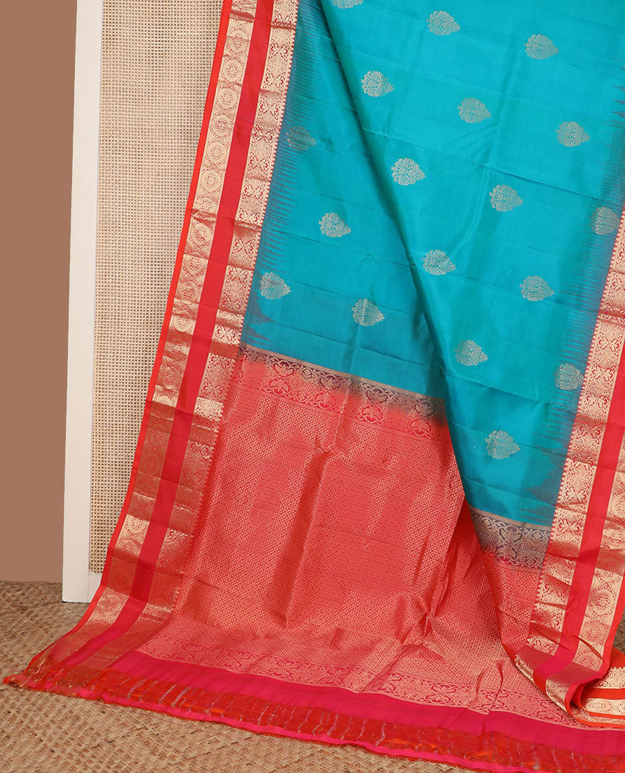 Blue zari buttas soft silk saree, contrast rettai pettu border of floral & chakram designs & jaal pallu