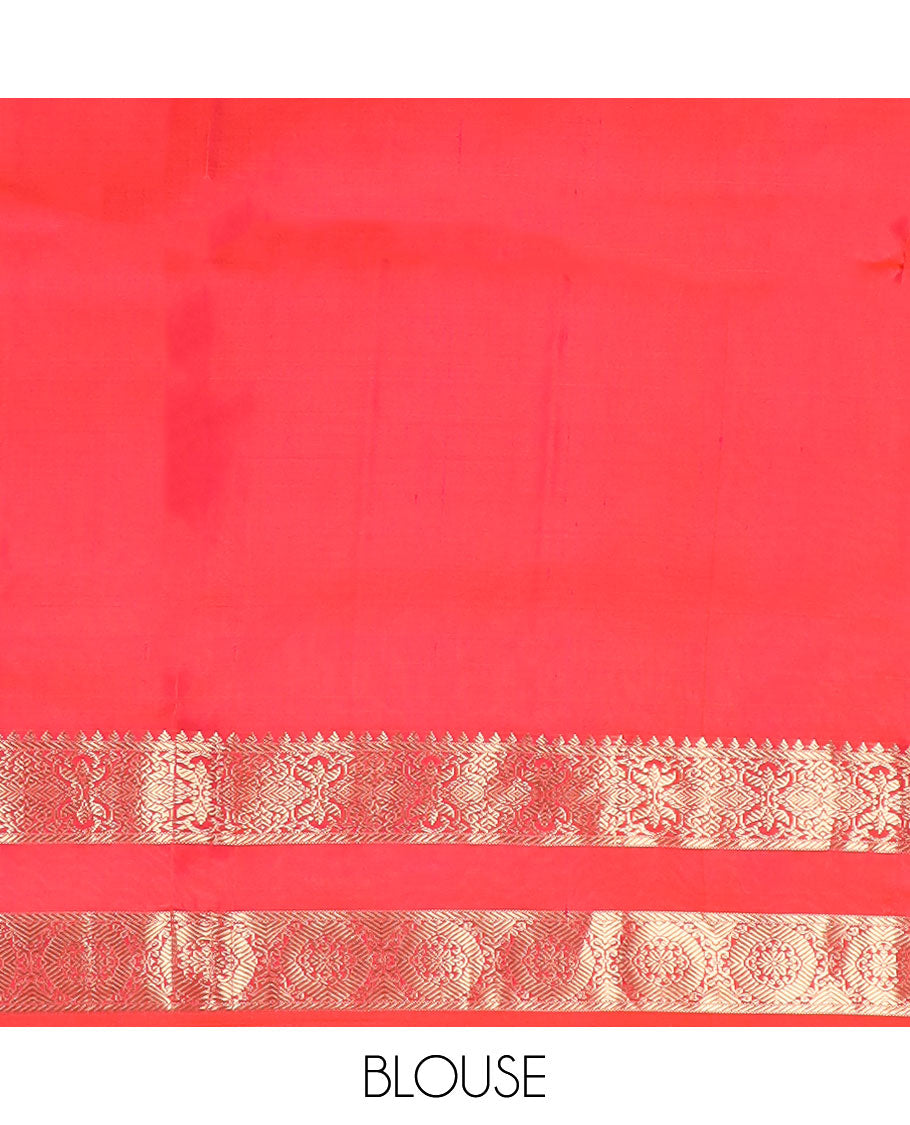 Blue zari buttas soft silk saree, contrast rettai pettu border of floral & chakram designs & jaal pallu