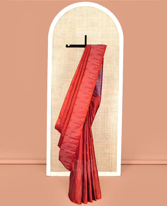 Rust Mayuri Soft Silk Saree, Subtly Eriched with Buttas All Over Its Body, Highlighted by Zari Geometric Patterned Border, Contrast Geometric Patterned Pallu, and Paired with a Contrast Blouse