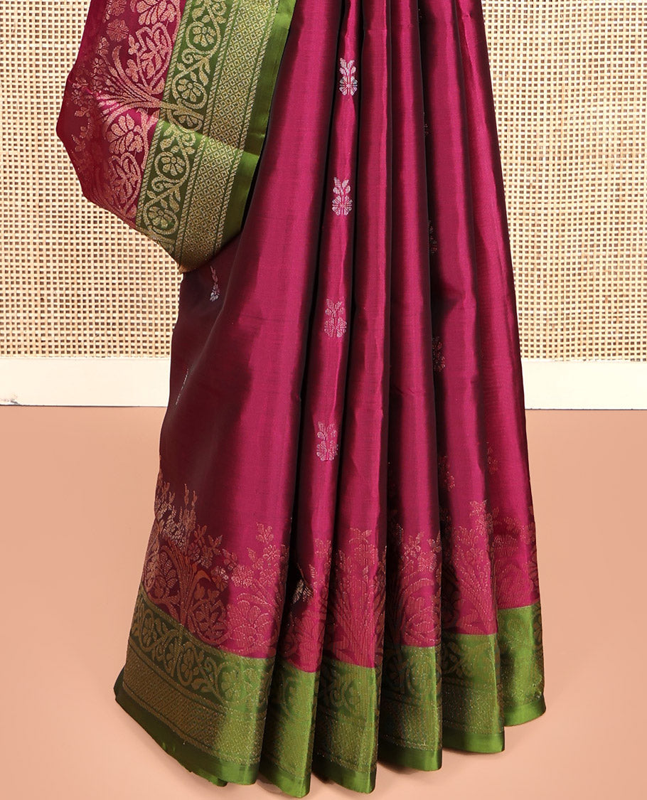 Wine Mayuri Lite Silk Mix Saree, Sparsely Woven with Buttas, Complemented by Contrast Border of Kodi Visiry, and Mayil Kann, Intricate Pallu, and a Contrast Blouse